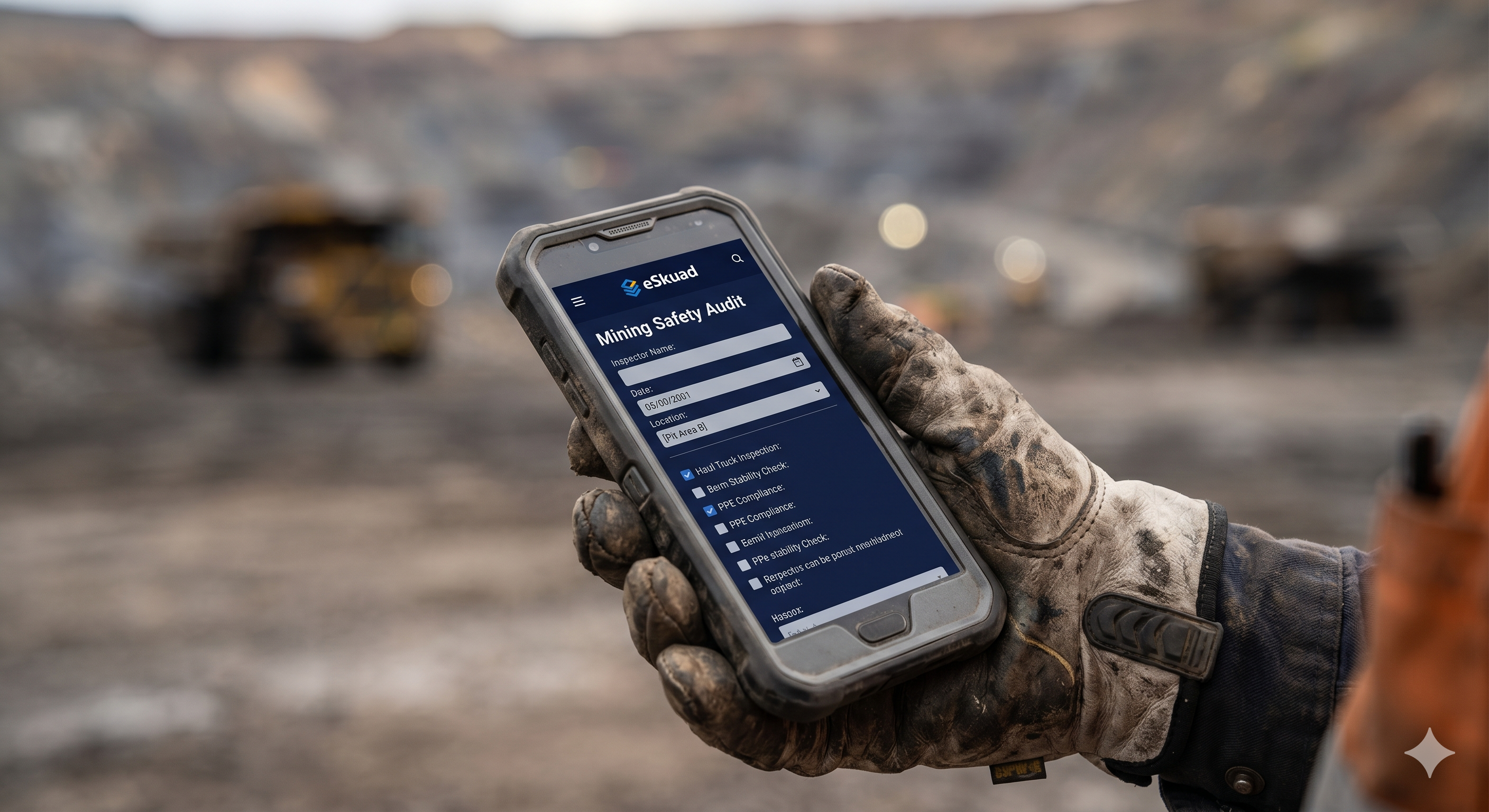 A close-up shot of a rugged, grease-stained work glove holding a ruggedized mobile device running the eSkuad app in dark mode, showing a ‘Mining Safety Audit’ form with the eSkuad logo against a blurred mining pit background.