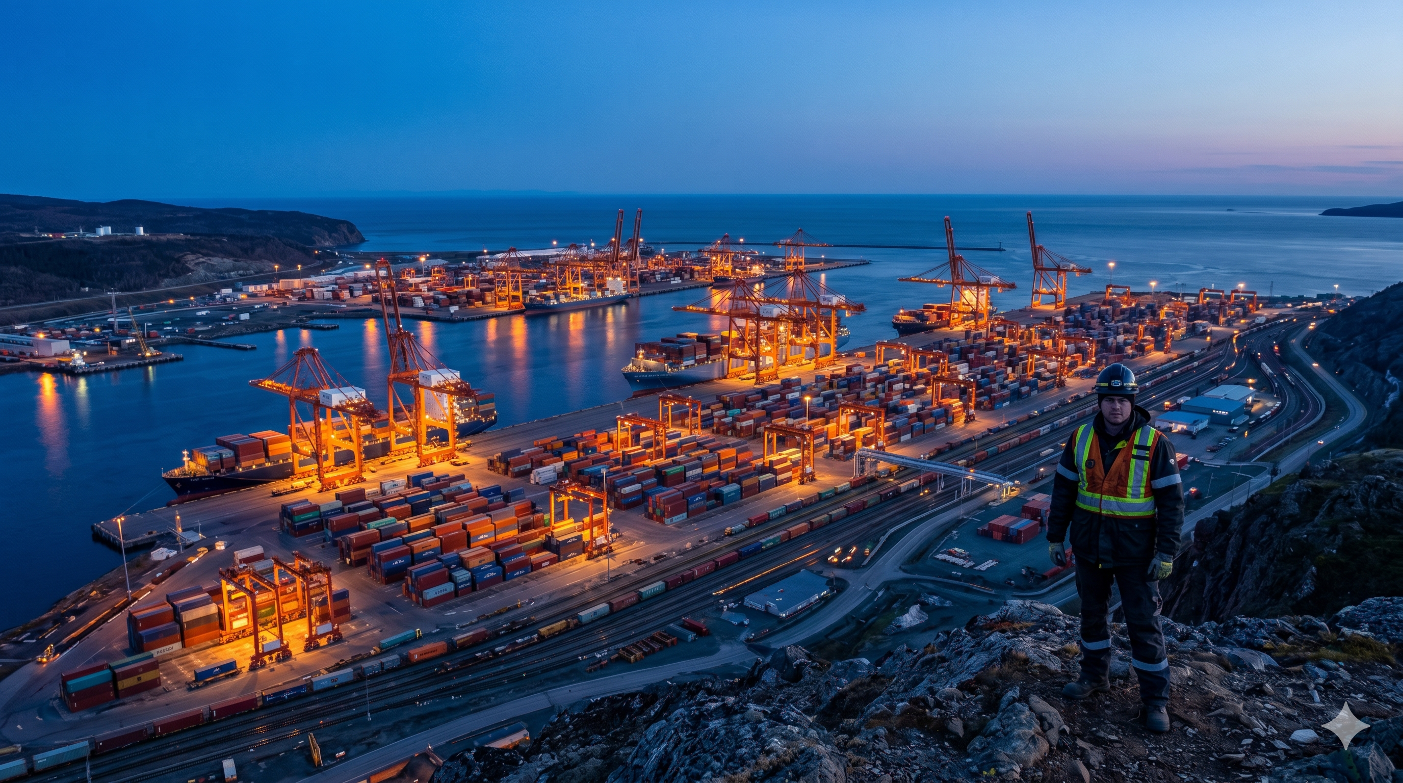 An aerial twilight photograph of a large, busy maritime container terminal with industrial cranes and warm lights against a deep blue sky and sea, overlooking the 'First Mile' operation with an empowered field worker in the foreground.