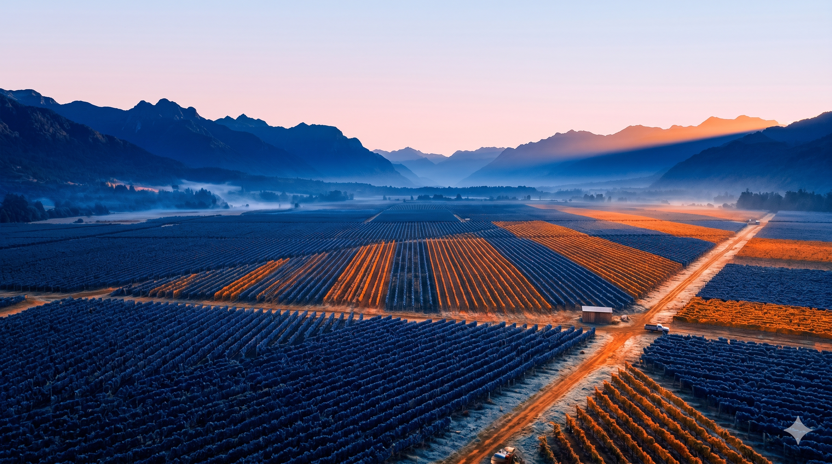 An aerial dawn photograph of an expansive valley vineyard in southern Chile wrapped in dark blue tones, showcasing the remote scale of agricultural harvest operations.
