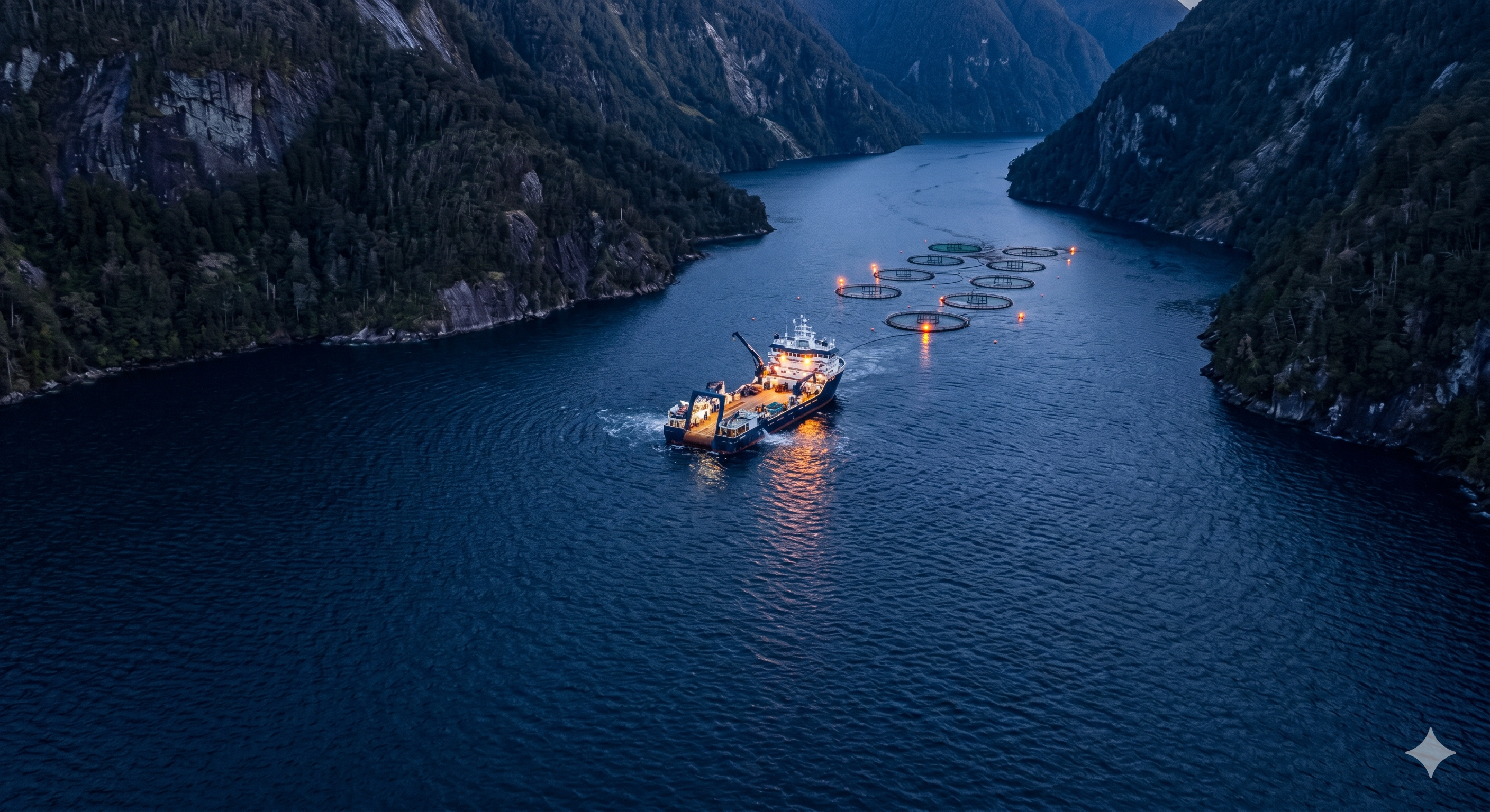 Aerial view of an aquaculture tender vessel and salmon cages in a remote Patagonian fjord at twilight, highlighting the isolation of marine field operations.
