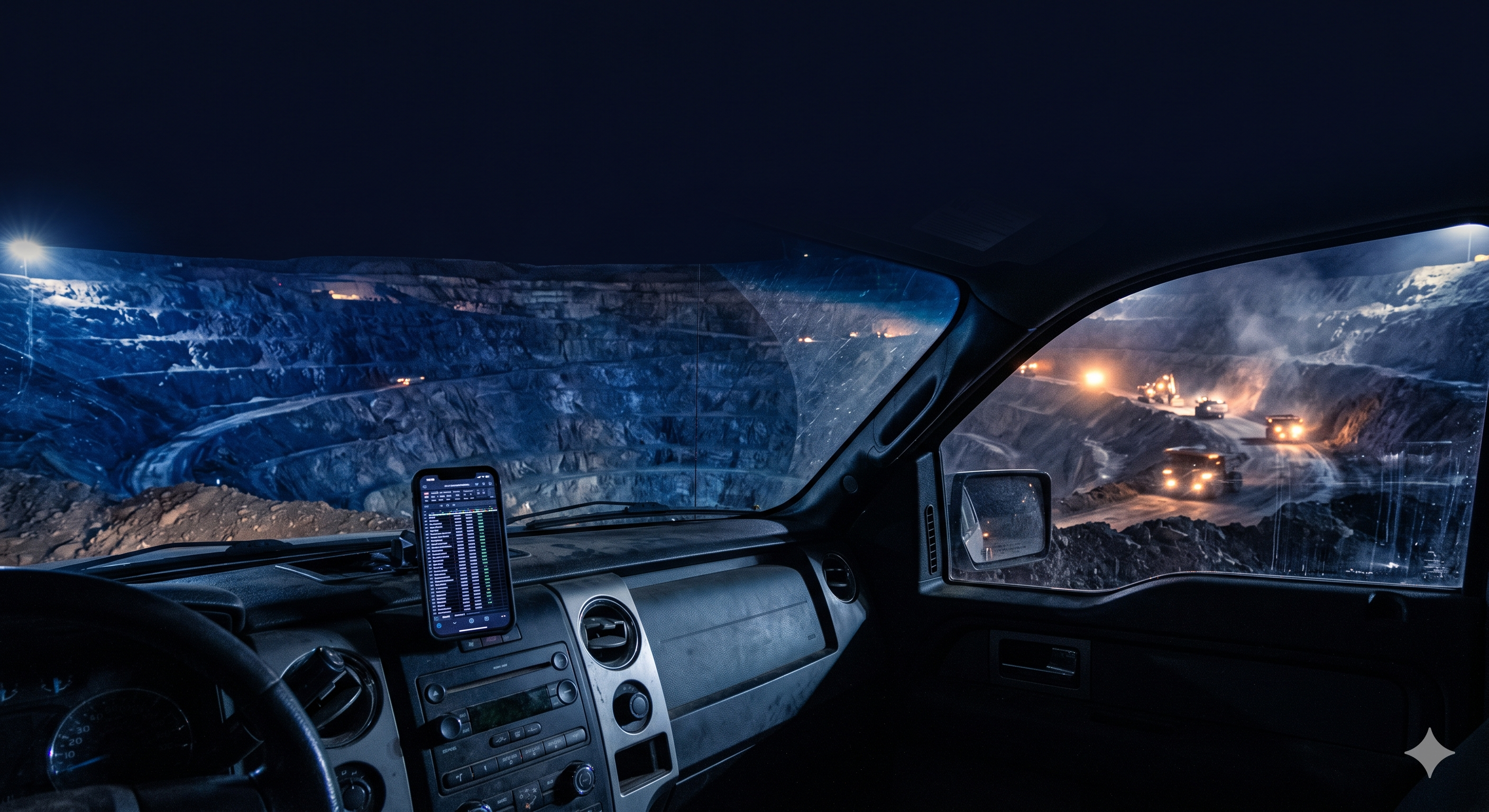 Interior of a truck at a remote Atacama mine at midnight, showing a worker transcribing field notes into a smartphone spreadsheet against a dark blue open-pit backdrop.
