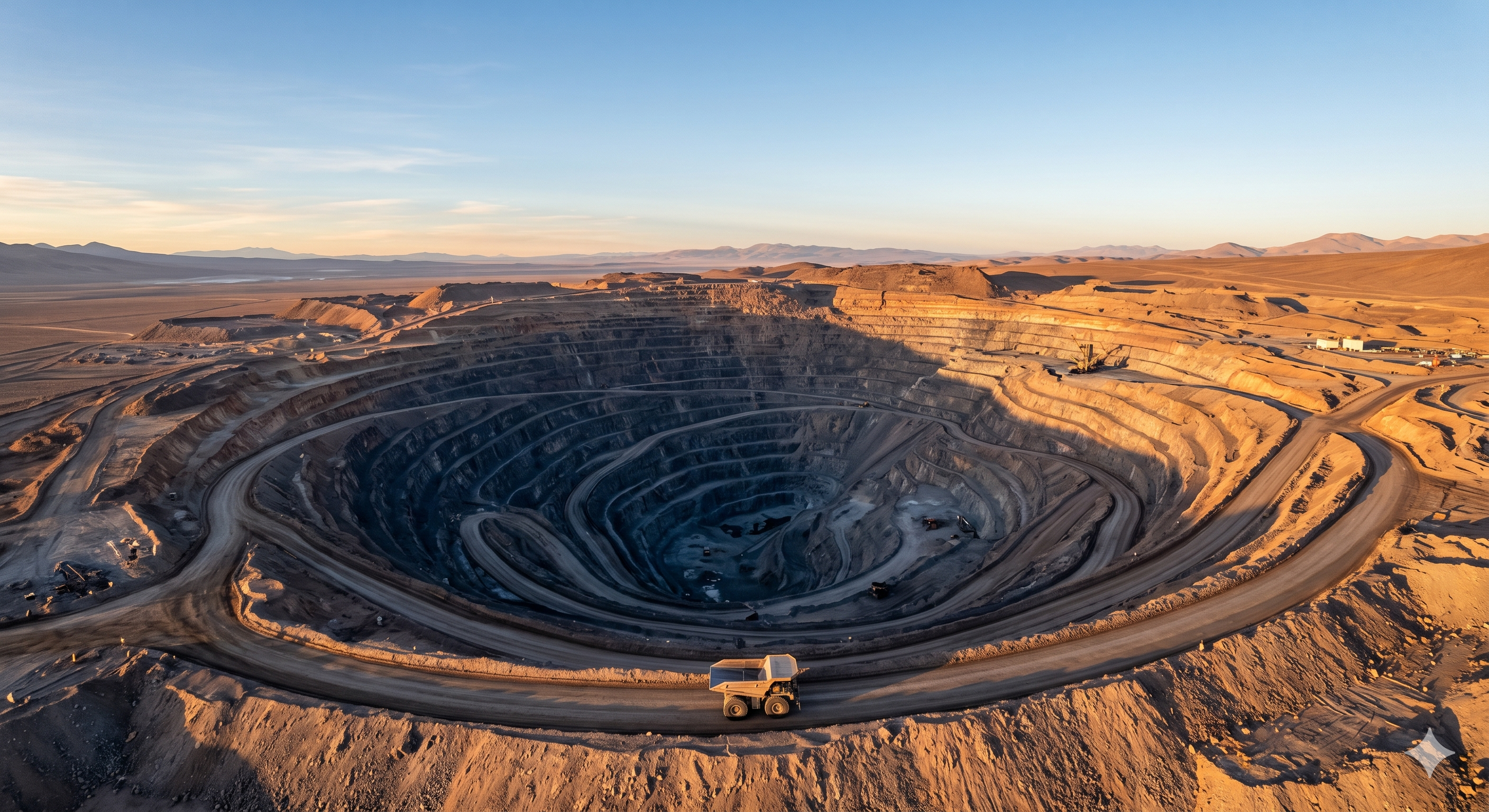 Aerial view of a tiered open-pit mine in the high Atacama desert at dawn, highlighting the vast scale of remote mining operations and the First Mile data gap.