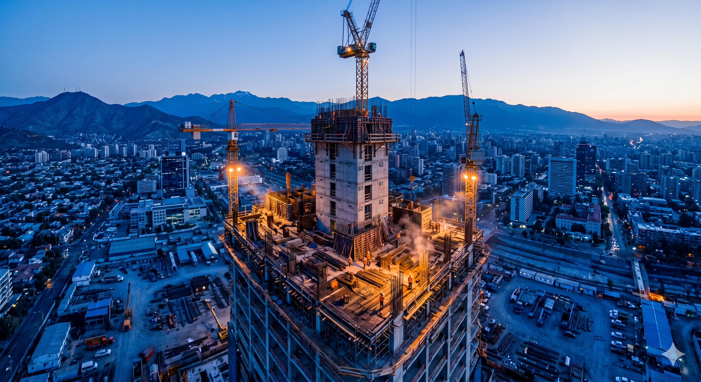 Aerial view of a high-rise construction project in Santiago at dawn, showcasing the scale of the 'First Mile' and the complexity of urban infrastructure data.