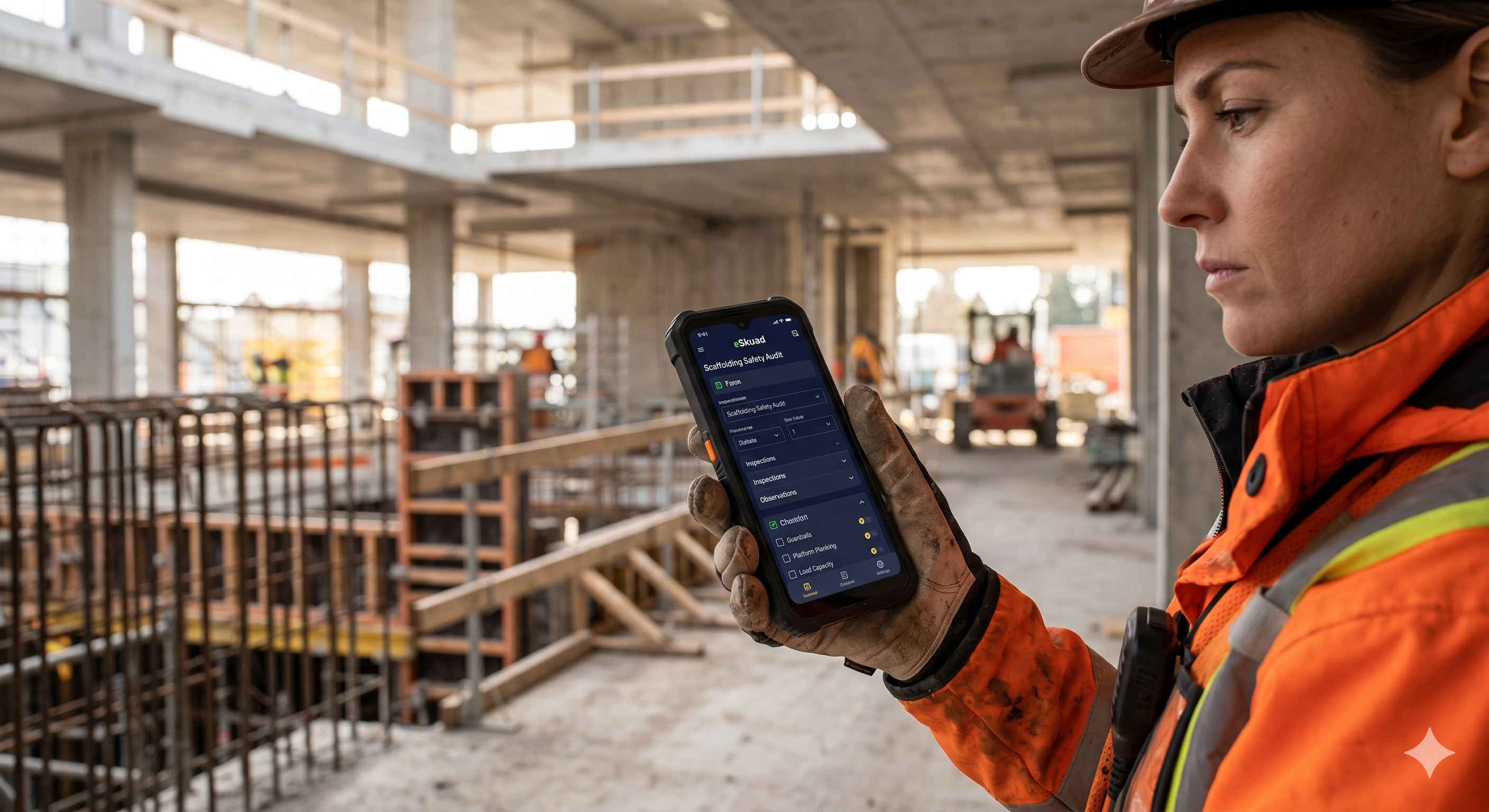 Construction site supervisor using eSkuad’s offline-first app inside a reinforced concrete structure, capturing safety data in a zero-signal zone.