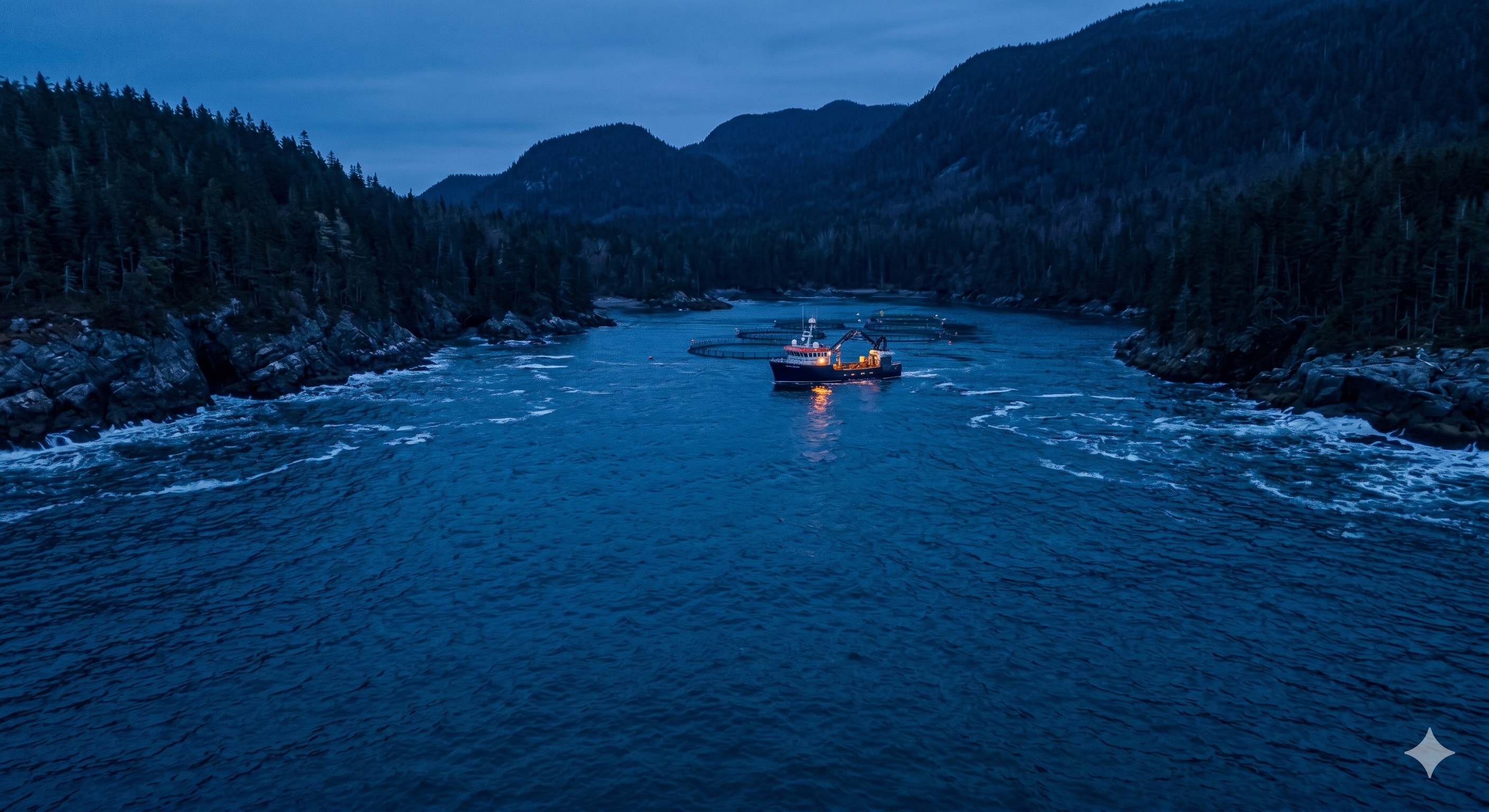 Aerial view of an industrial vessel in a remote North Atlantic, representing eSkuad's First Mile operational sovereignty in extreme environments.