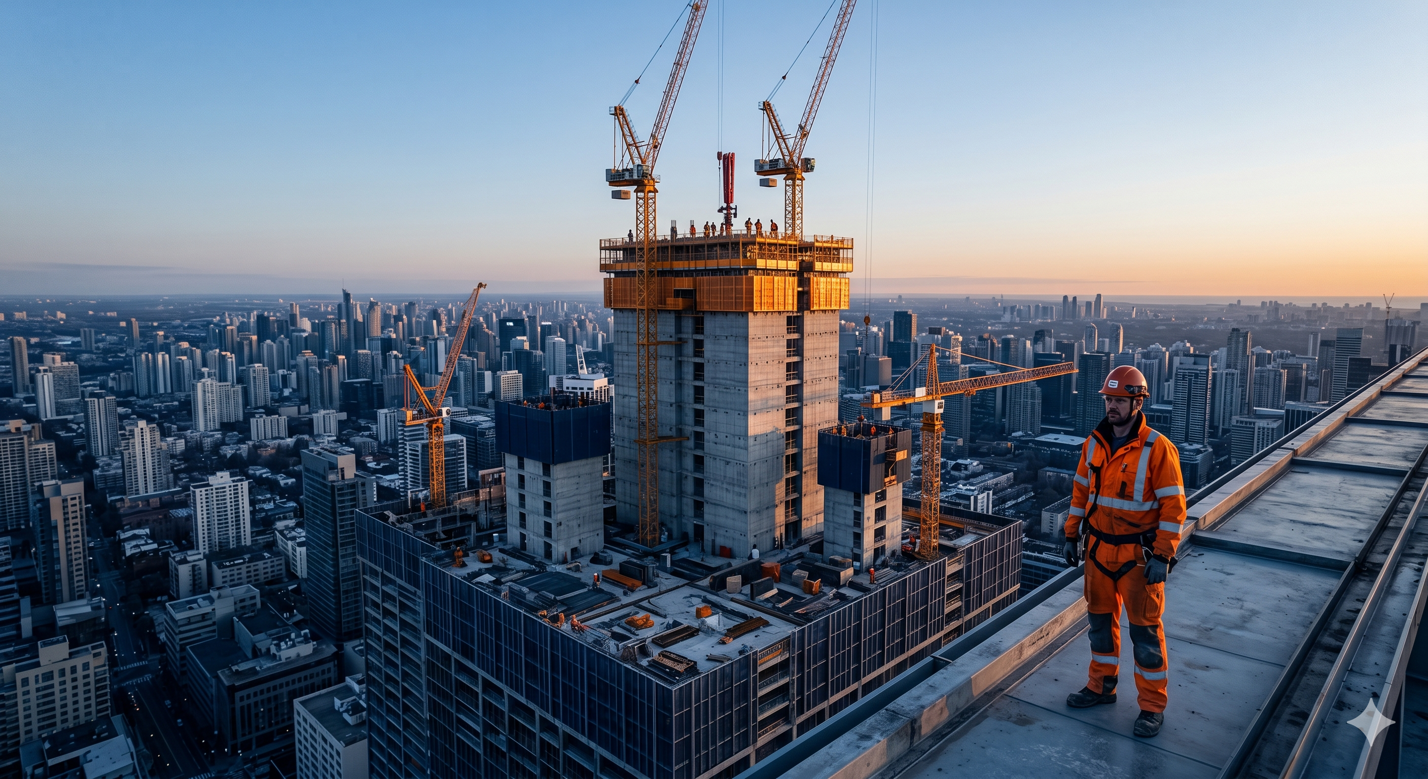 Aerial view of a high-rise construction project at dawn, highlighting the contrast between project management scale and the 'First Mile' field reality.