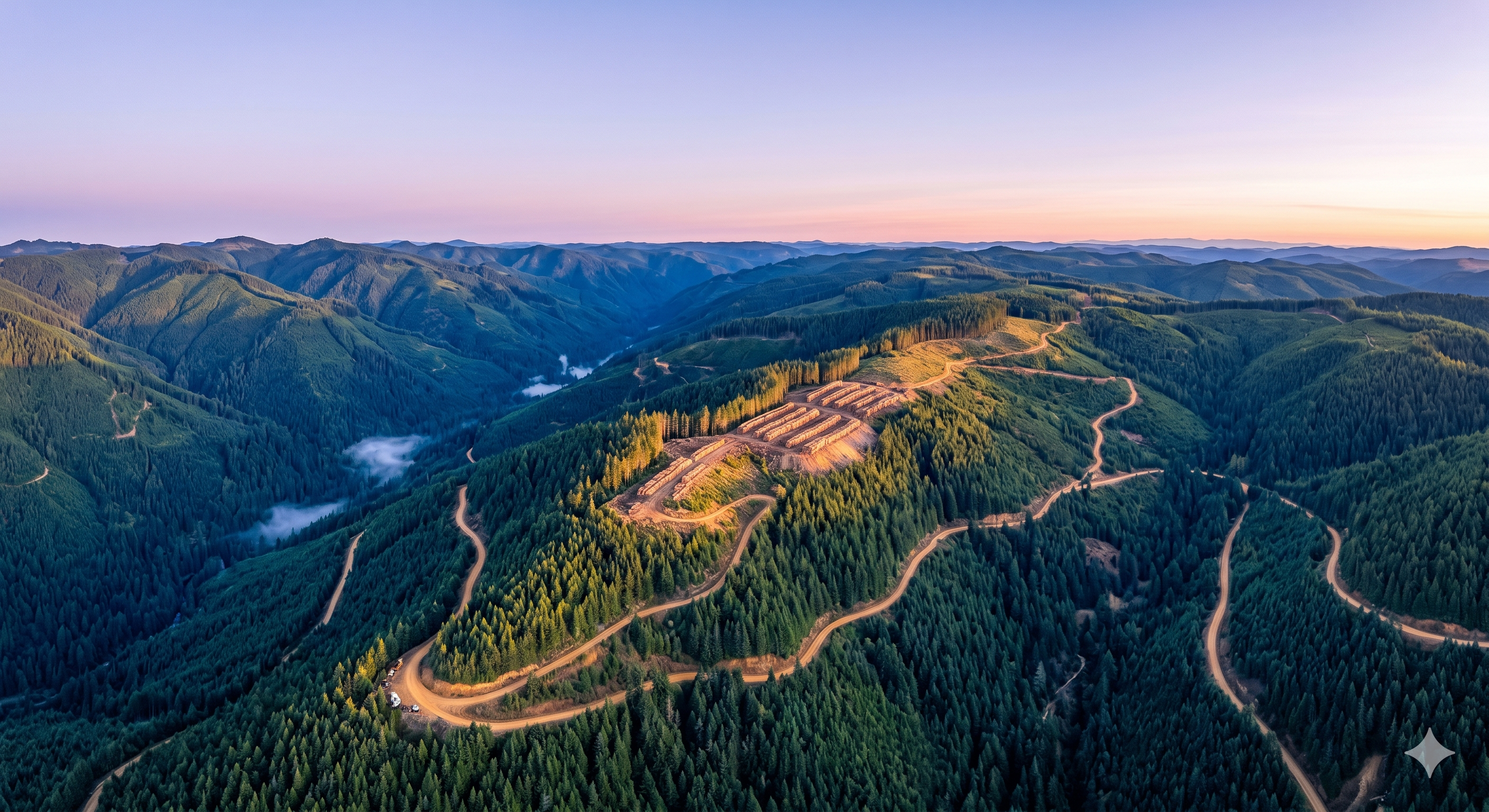Aerial view of a massive forestry harvest operation at dawn, showing log stacks and winding roads, representing the First Mile of industrial wood supply chains.
