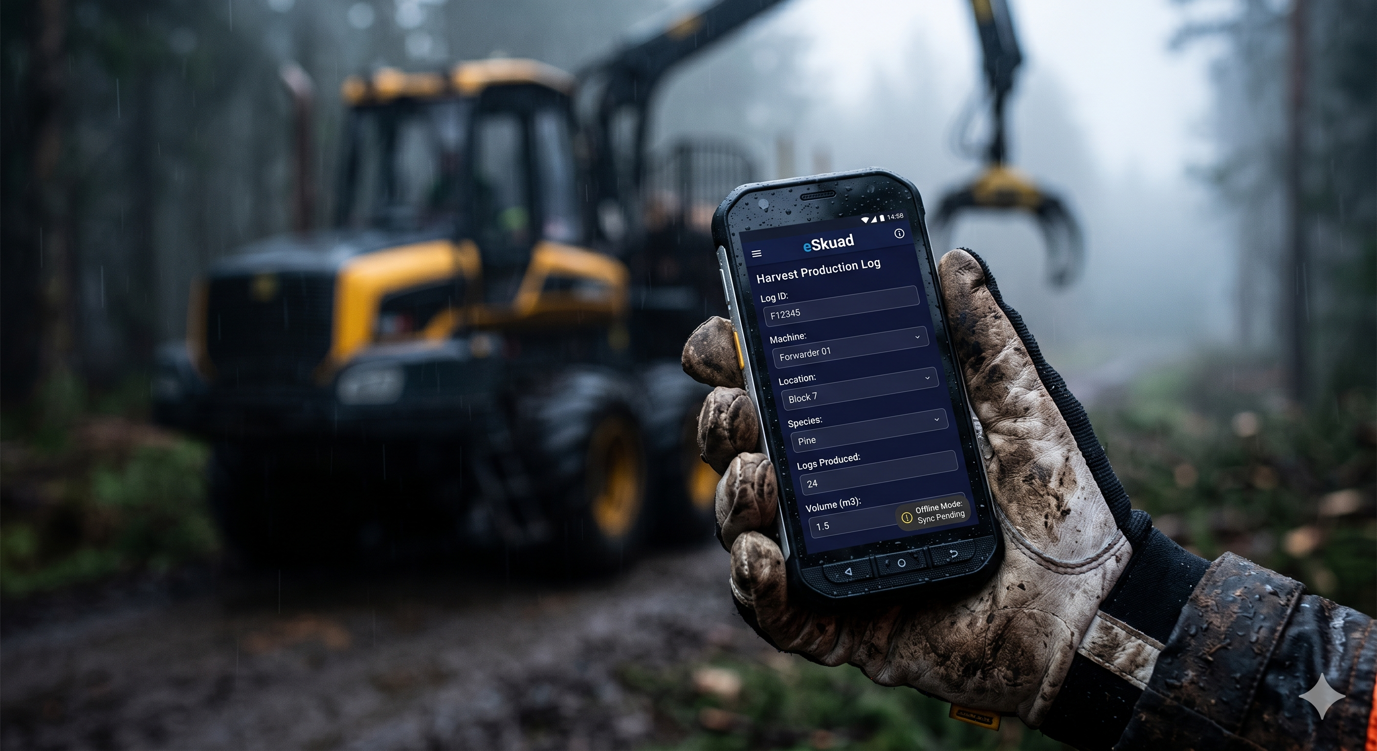 Close-up of a worker in a rainy forest using eSkuad’s offline-first app on a rugged device to log harvest production data despite zero connectivity.