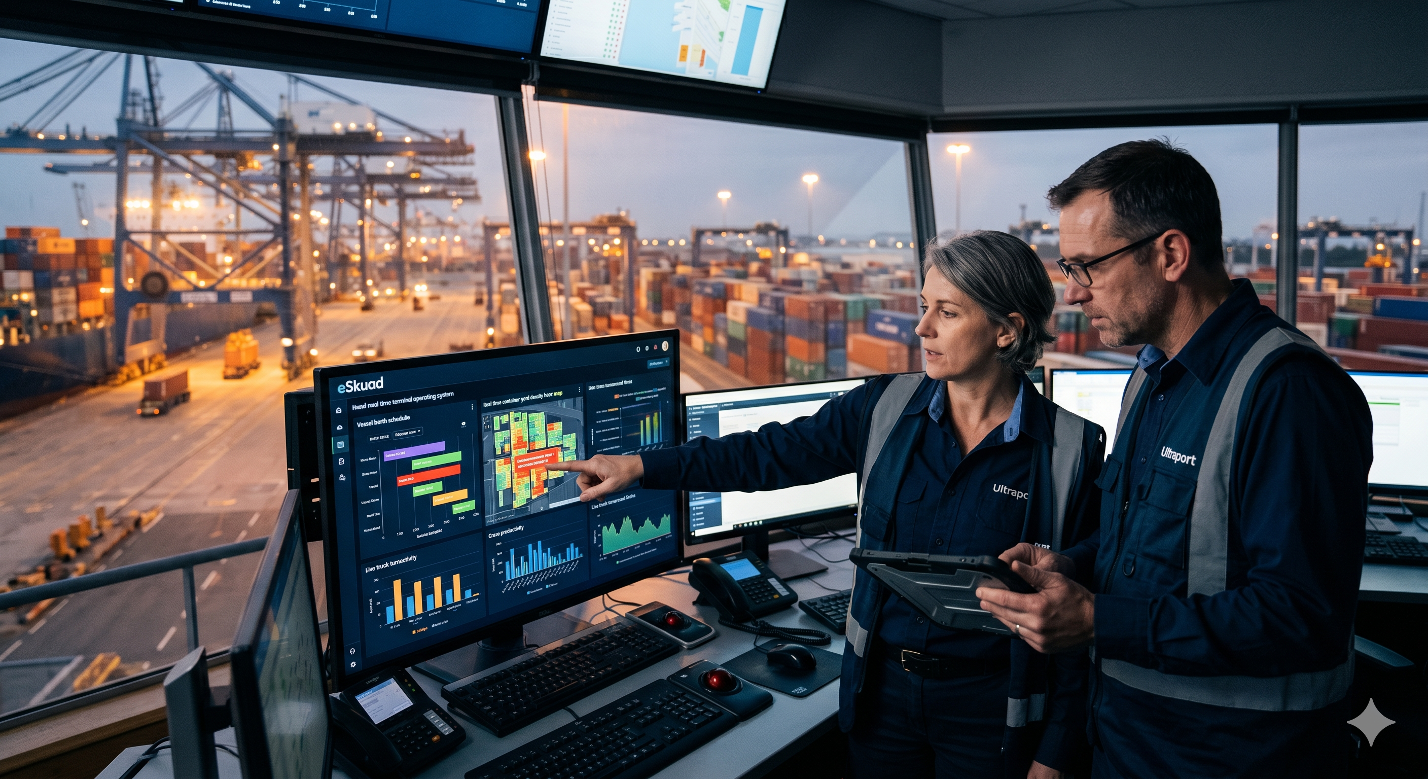 Two port operations managers analyzing real-time field data on an eSkuad dashboard, showcasing operational visibility beyond simple safety checklists.