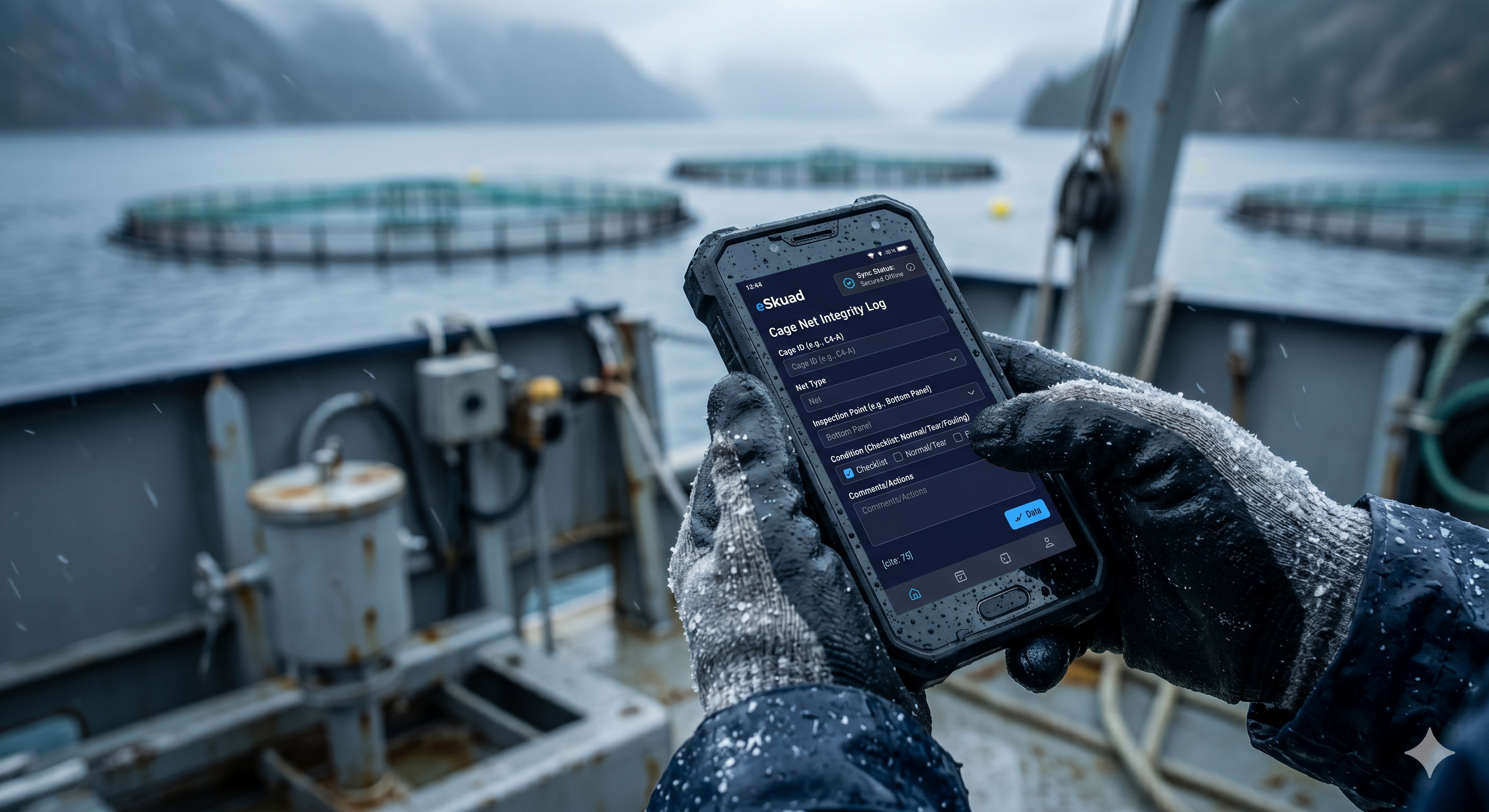 Close-up of a maritime worker using eSkuad’s offline-first app on a wet vessel deck to log cage maintenance data in a zero-signal environment.