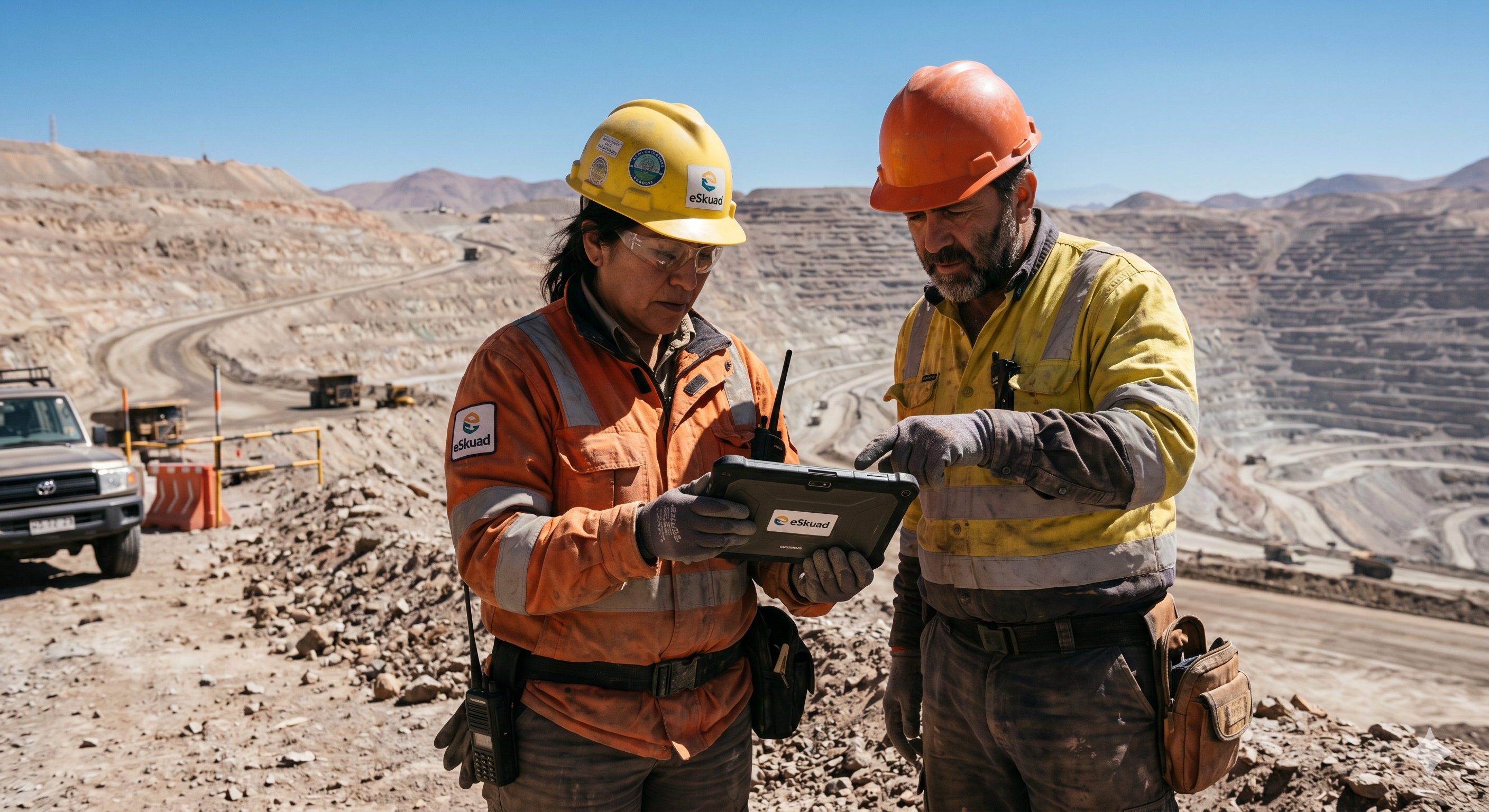 Two mining inspectors in high-visibility gear using a ruggedized tablet for field data capture in a high-altitude Atacama copper mine.