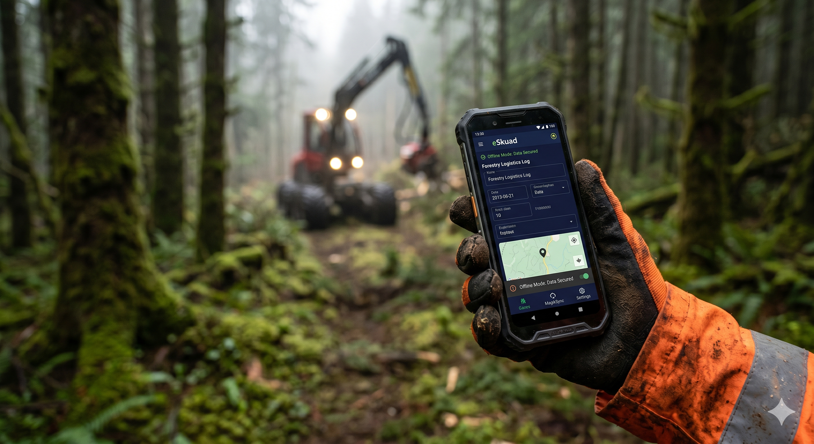 Close-up of eSkuad’s offline-first interface being used for forestry logistics in a remote environment with no connectivity.