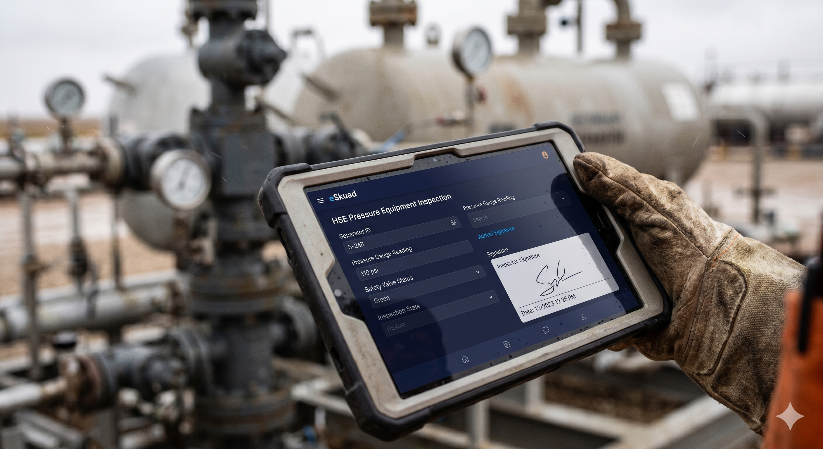 Close-up of a field inspector using eSkuad’s offline-first platform for a pressure equipment audit at a remote wellsite, ensuring compliance without connectivity.