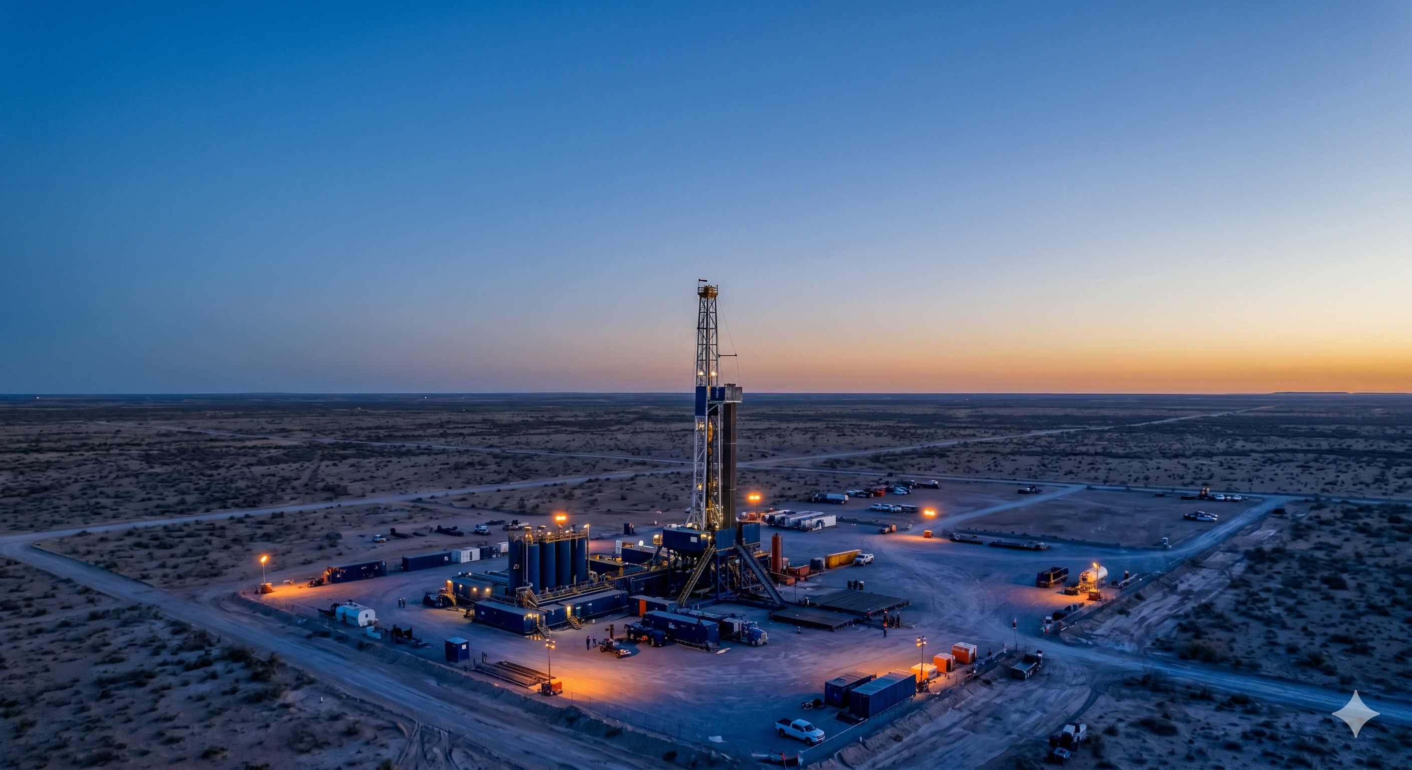 Aerial view of a remote oil and gas pad site in the Permian Basin at twilight, illustrating the scale of upstream operations and the First Mile data gap.