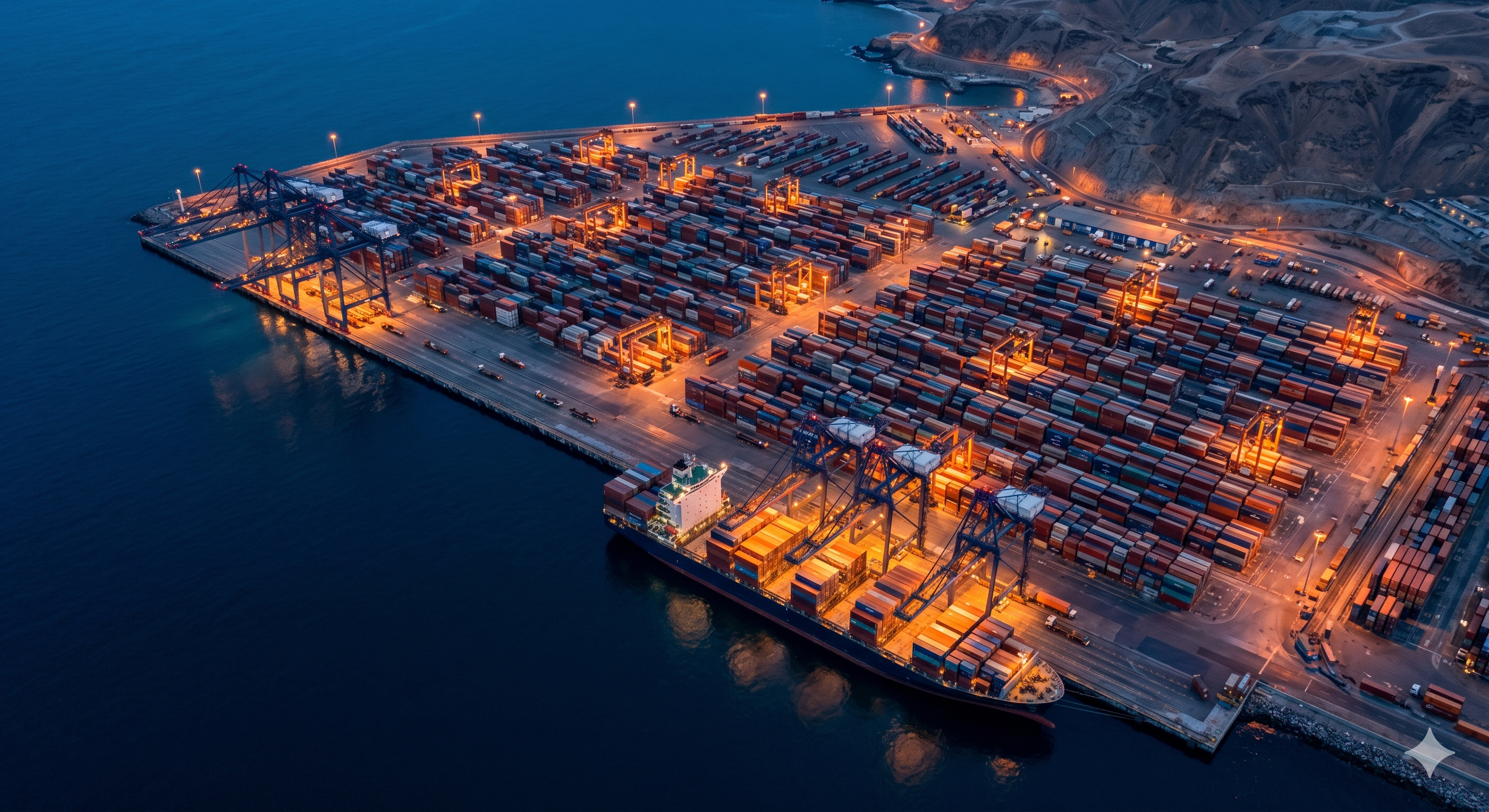 Aerial view of a high-throughput maritime terminal at twilight, showcasing the scale of operations and the need for real-time digital visibility.