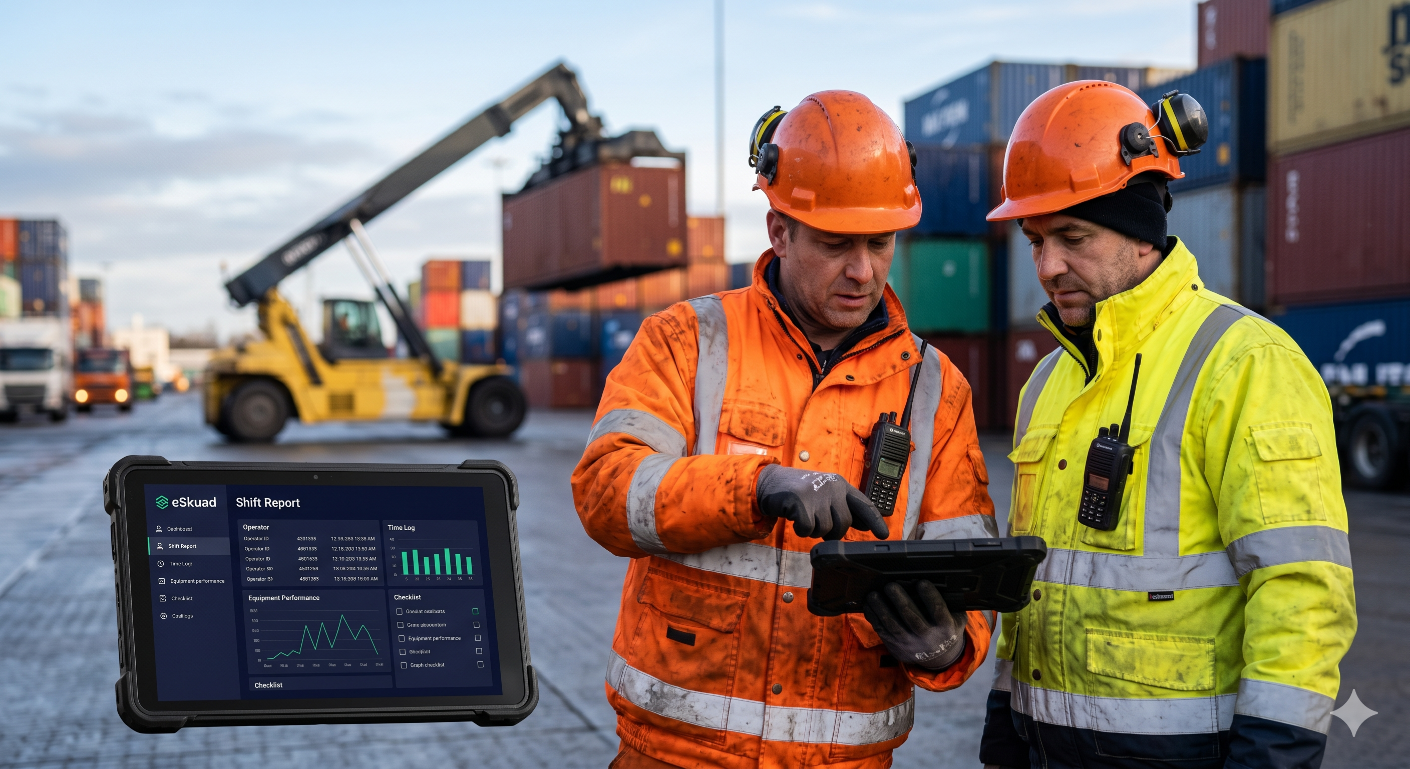 Two port terminal operators using eSkuad on a rugged tablet to complete a shift report in the yard, eliminating manual paper transcription.