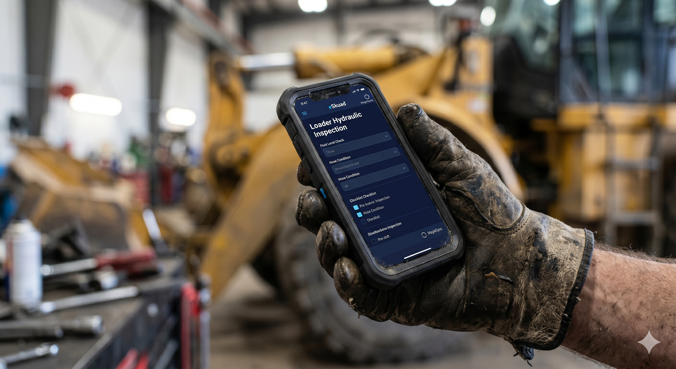 Close-up of a rugged device showing an eSkuad mining inspection form, held by a worker in a mechanical bay, demonstrating offline-first data capture.