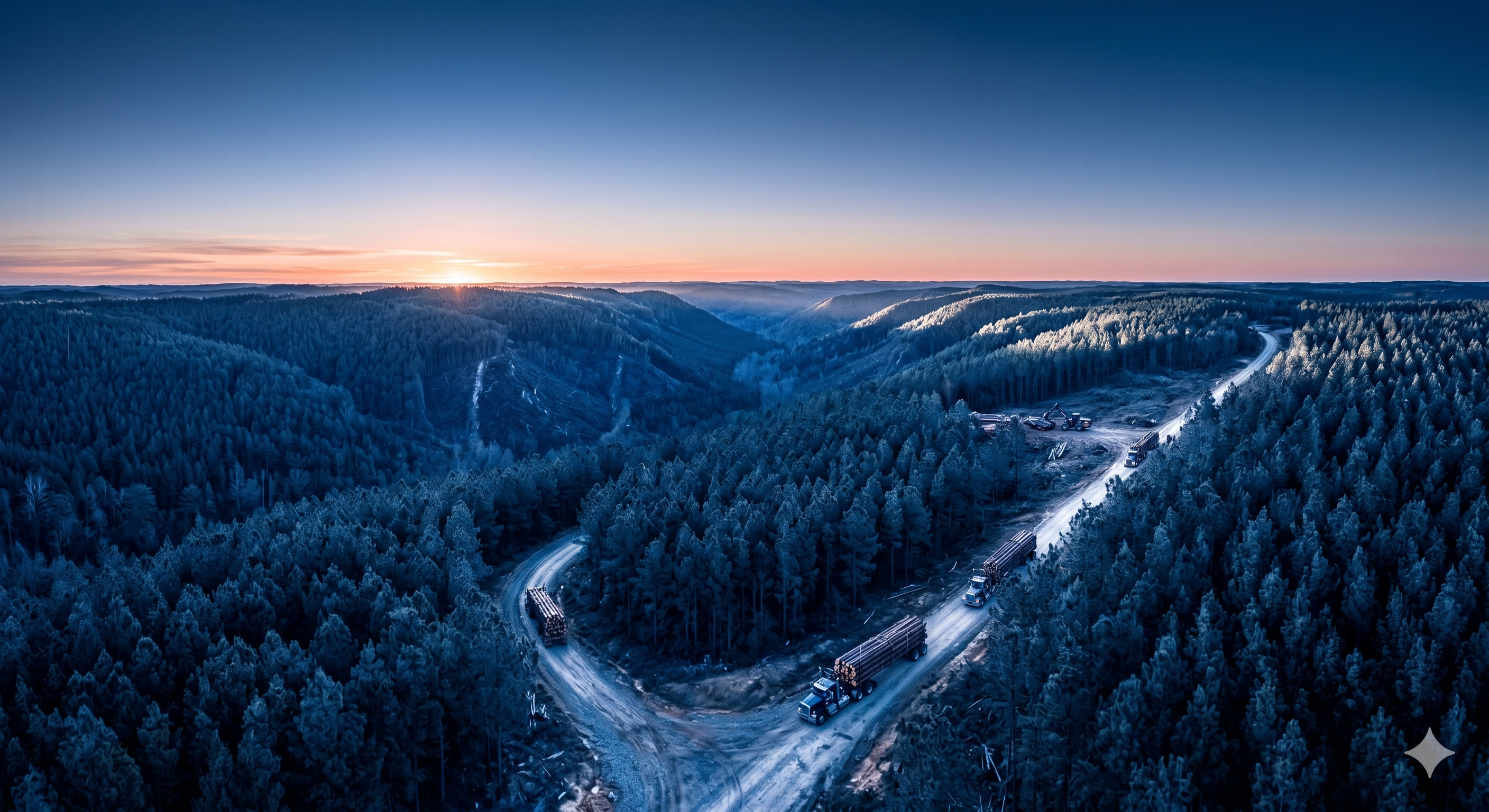 Aerial view of a remote logging site in the Southeast USA at dawn, showcasing the physical distance between the First Mile of field operations and the corporate boardroom.
