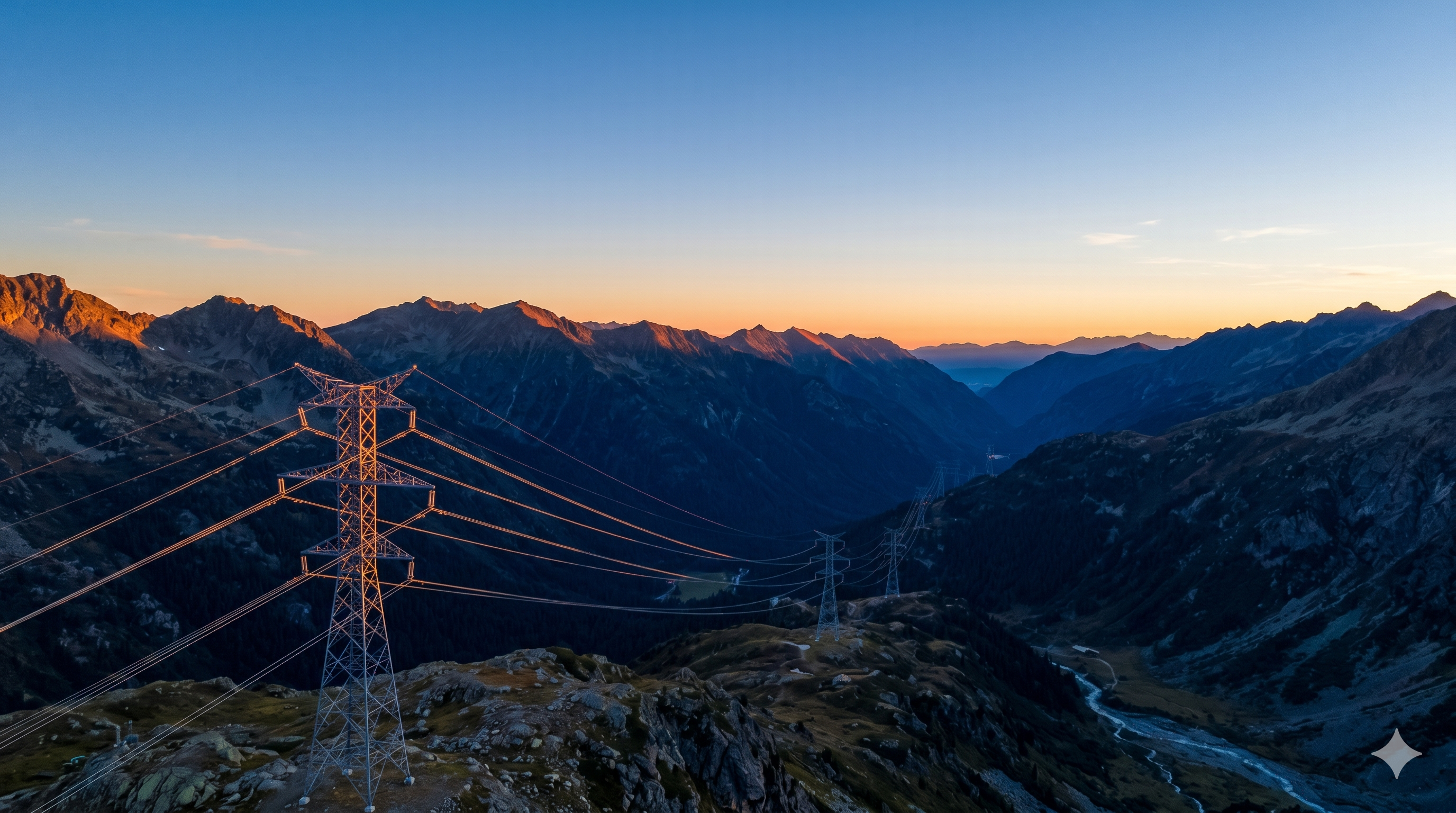Aerial view of high-voltage transmission towers spanning a remote mountain rang